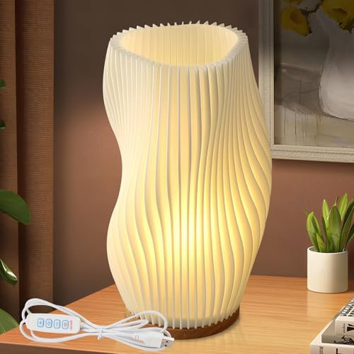 Nachttischlampe Mit Holzsockel, Nachttischlampe Mit Kabel, 9-Stufig Dimmbare Tischlampen Mit Knopfsteuerung, Tischleuchte Minimalistische Mit Pla Lampenschirm, Für Schlafzimmer Nachttisch Wohnzimme
