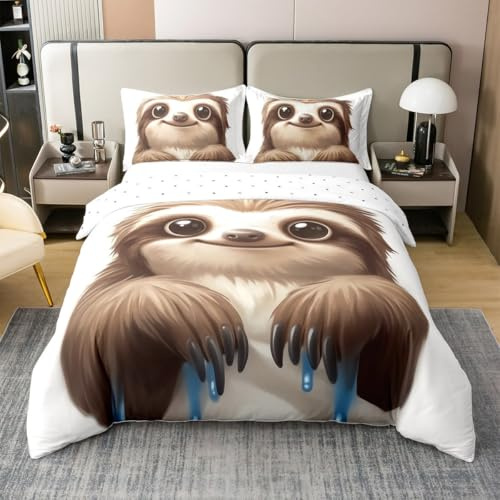 Bettbezug Faultier 100% Baumwolle Bettwäsche Set 135x200 für Kinder Teens Erwachsene Nette Faultier Druck Tröster Abdeckung Braune Tropische Tiere Bett Set Wildlife Lustiges Tier mit 1 Kissenbezug