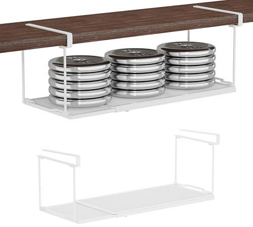 ROLIZOE Verstellbares erhöhtes Unterschrankregal, Metall-Unterregalkorb, hängend unter Schreibtischregal, Schrank, Schuhbank, Schrank, Badezimmer, Pappteller-Aufbewahrung (Weiß, Höher - 2 Stück)