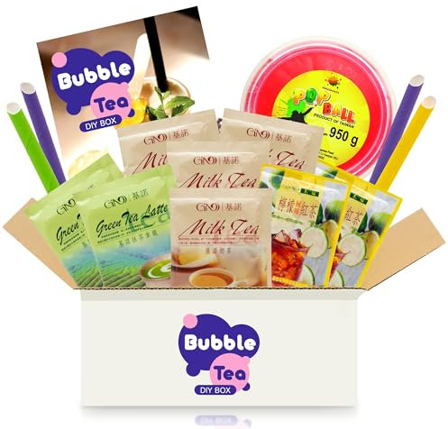 Bubble Tea DIY Set mit Strawberry Popping Boba - Für 4 Getränke - 14-teiliges Boba Tee Starter Kit - 3 Teesorten (Milchtee, Grüner Tee, Zitronen-Eistee), Fruchtperlen, Strohhalme, mit Anleitung