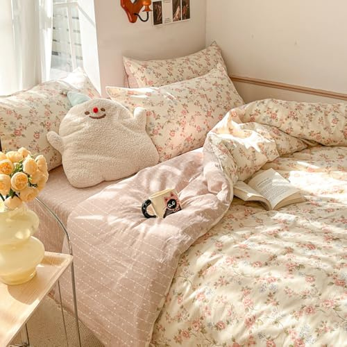 Covebett Bettwäsche 135x200 Rosa Beige Blumen Blümchen Botanisch Muster Wendebettwäsche Set Aesthetic Blüten Blumenwiese Pflanzenmuster Mikrofaser Bettbezug Reißverschluss und Kissenbezug 80x80cm