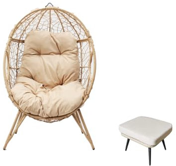 CONCEPT FÁBRICA | Sillón de huevo con patas de resina ratán, reposapiés, diseño Jane Beige | Estructura de acero | Cojín repelente | Hamaca columpio