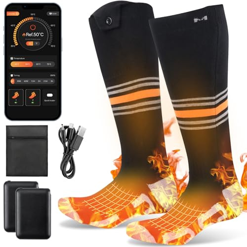 Beheizbare Socken, Beheizte Socken 5V 5000mAh Dual-Akku mit 4 Heizstufen 65°C App-Steuerung, Heizsocken für Damen Herren, Waschbar Wärmesocken für Winter, Camping, Skifahren