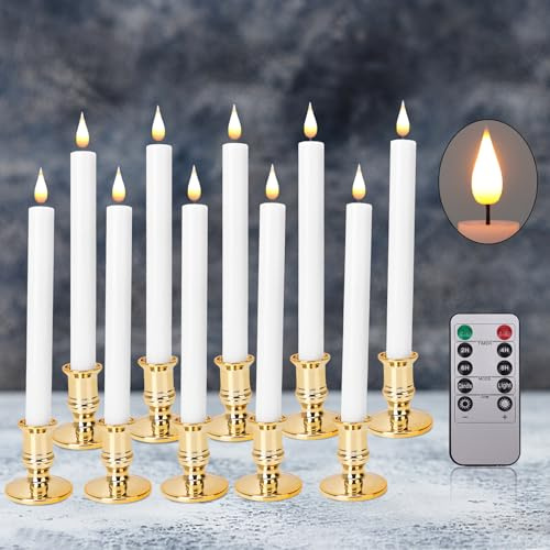 LED Fensterkerzen ohne Flamme mit Fernbedienung - 10er Set Stabkerzen Batteriebetriebene flackernde Stumpenkerzen mit abnehmbaren goldenen Kerzenhaltern Ideal als Weihnachtsdeko, Hochzeitslicht