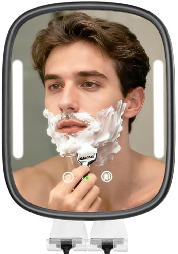 Espejo de ducha calefactado antivaho para afeitarse para hombres, recargable, sin perforación, luces ajustables y atenuables con 2 soportes para maquinilla de afeitar y gancho adhesivo desmontable