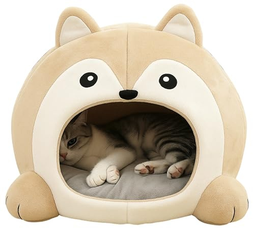 TATZIO Katzenhöhle beige – Schlafhöhle & Katzenhaus mit Katzenkissen, Katzenbett, Faltbarer Rückzugsort für Katzen, Kitten und Kater, kuschelig, formstabil