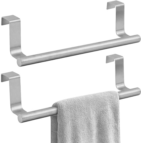 Over the Door Towel Rail, Stainless Steel Tea Towel Holder Over Cupboard Towels Rail 2 Pack Kitchen & Bathroom Hanging Towels Bar(COLOR:Silver)
