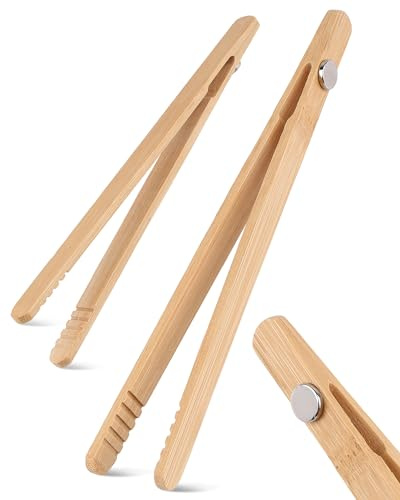 Acual 2 PCS Magnetic Bamboo Toast Tongs for Toasters 18cm, Wooden Toaster Tongs with Anti-Slip Grip, Heat Resistant Bread Tongs for Toaster, BBQ, Cooking & Serving Food
