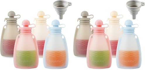 PandaEar Lot de 8 pochettes réutilisables en silicone pour aliments pour bébés, pour tout-petits, enfants, sans BPA, rechargeables pour aliments pour bébé, 160 ml