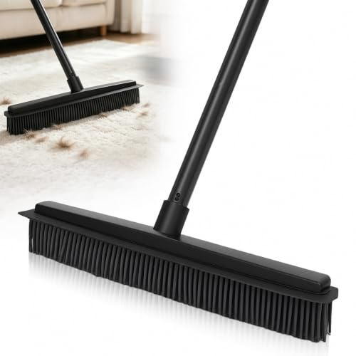 Minfuerang Gummibesen,2-in-1 Besen Gummiborsten mit Stiel(Schwarz 120cm) | Besen mit Wasserabziehkante,Entfernt Katzen und Hundehaare,Teppichbesen für Fenster,Holzböden,Fliesen,Teppiche