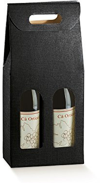 10 scatole nere per 2 bottiglie vino verticali modello bordolese, borgognotta robuste strenne natalizie cartone accoppiato e maniglia esterna cm.18x9x38,5h - 2 NERE