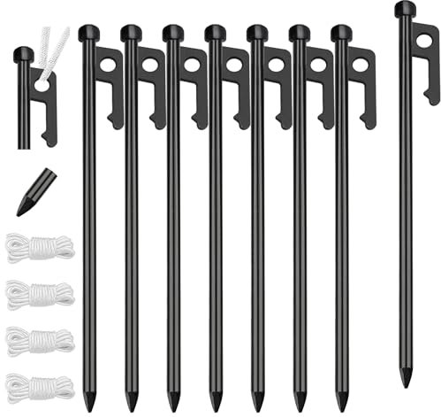 Eurmax USA Mehrzweck-Zeltheringe, 25,4 cm, robuste Stahl-Zeltheringe, Planen-Heringe, Campingpfähle für Outdoor, Camping, Überdachung und Plane, mit 4 Seilen, 3 m Länge, 8 Stück (schwarz)