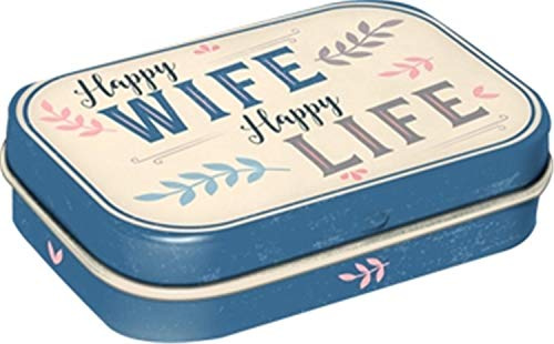 Nostalgic-Art Retro Pillendose, Happy Wife Happy Life | mit Pfefferminz-Dragees, Vintage Design, Geschenk-Idee mit Spruch