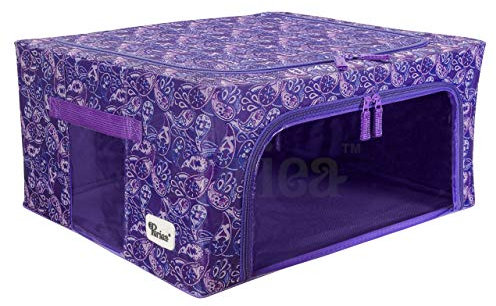 Periea ‘Beau’ Folding Collapsible Stackable Fabric Home Storage Boxes with Steel Frames (Purple Paisley, Medium)