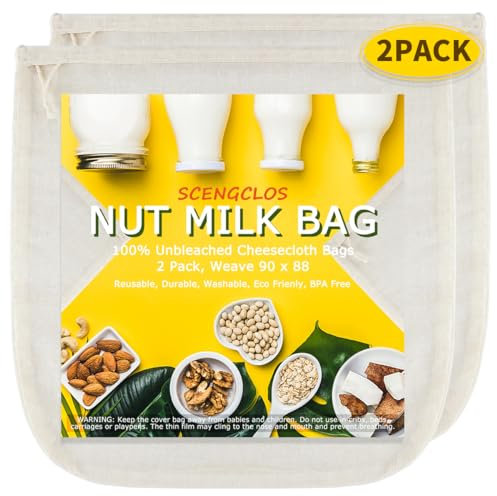 Nut Milk Bags(Upgraded, Weave 90x88), All Natural Cheesecloth Bags 12x12 2 Pack, 100% Unbleached Cotton Cloth Bags for Cheese/Tea/Yogurt/Juice/Wine/Soup/Herbs, Washable Reusable Almond Milk Strainer