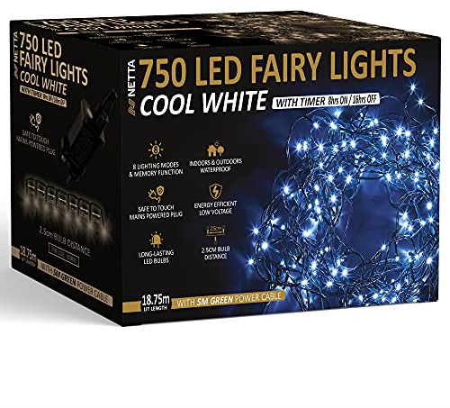 Christmas Tree Lights 750 LED 18.75m Cool White - 2.5cm Bulb Distance Fairy String Lights Plug in with Timer and Memory Functions - Suitable for Outdoor/Indoor Use