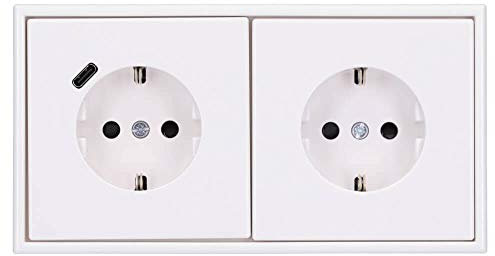 Jung SCHUKO USB-Steckdose Typ C (max. 3A) Komplett-Set Serie LS: 1x USB-Steckdose LS152018CWW und 1x Steckdose LS1520KIWW und 2-fach Rahmen LS982WW Alpinweiß