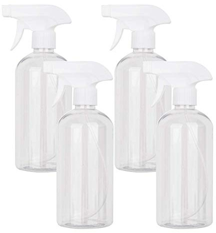 Kunststoff-Sprühflaschen, 500 ml, leere Sprühflaschen, transparent, nachfüllbarer Behälter für Wasser, ätherische Öle, Reinigungsprodukte, verstellbarer Kopfsprüher und Bachlauf (4 Stück/500 ml)