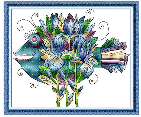 Selbstgestempeltes Kreuzstich-Stickset, komplette Auswahl an vorgedruckten Starter-Kits für Anfänger - Wunderschöner Fisch 39 x 33 cm