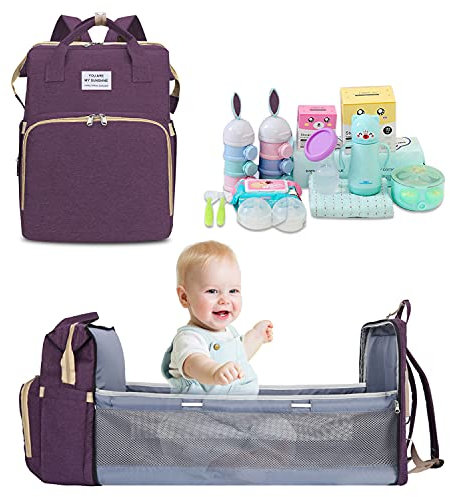 FANDARE Windelrucksack Wickeltasche Rucksack Babytaschen mit Bett Babyrucksack Schultasche Teenager Mädchen Rucksäcke Schulranzen Große Reise Mommy Daypacks Damen Herren Faltbares Kinderbett Lila