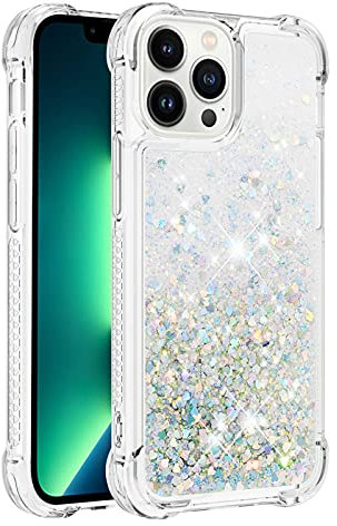 iPhone 13 Pro Max Case Bling, Girly Shiny Glitter Sparkle Quicksand Floating Liquid Clear Transparent Soft TPU Silicone Protective Bumper ShockProof Phone Cover for iPhone 13 Pro Max, Silver