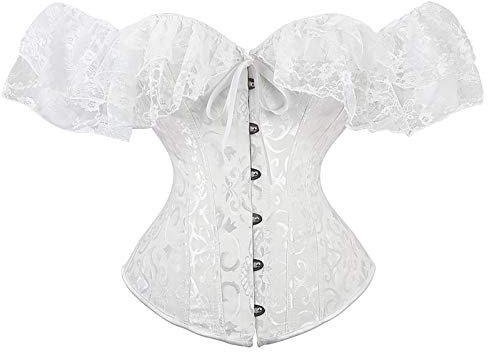FeMereina Women's Off Shoulder Lace Up Boned Overbust Corset Bustier Lingerie Bodyshaper Tops Waist Wrapped Lingerie Cincher (White, Small)
