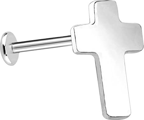Ohr Piercing Labret Stecker in 1,2 x 6 mm mit Innengewinde und Kreuz Aufsatz in silber