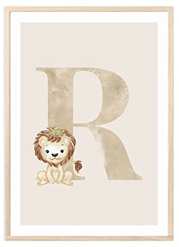 MeinBaby123® Buchstaben Poster DIN A4 Kinderzimmer Mädchen und Junge | Babyzimmer Deko | Bilder Kinderzimmer | Geschenkideen zur Geburt | Geburtsposter | Anfangsbuchstabe Poster R (Löwe - R)
