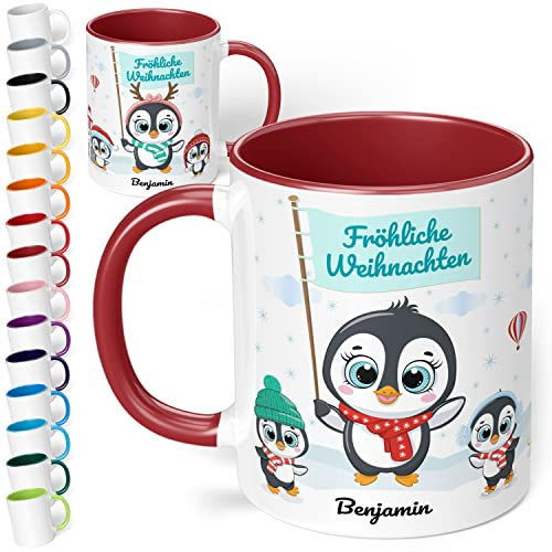 Weihnachtstasse mit Namen „Fröhliche Weihnachten Wunschname“ - mit Pinguin-Motiv - personalisierte Kaffeetasse mit Spruch – Kaffeebecher – individuelles Geschenk zu Weihnachten (Bordeaux)