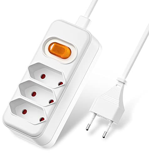 Mehrfachsteckdose 3-Fach Flachlochdesign | Flachstecker-Verteilersteckdose mit Schalter & 2m Verlängerungskabel | Steckerleiste als Mehrfachstecker flach | 3er Eurostecker (Weiß)