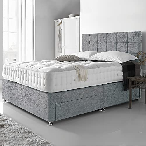 DBZ BEDS Reinforced Double Bed Set 4 FT 6 with 2000 Series Mattress - Silver Crushed Velvet Divan Beds Set with Various Storage Options – 26 Inch Headboard with Chrome Glider Feet (Double)