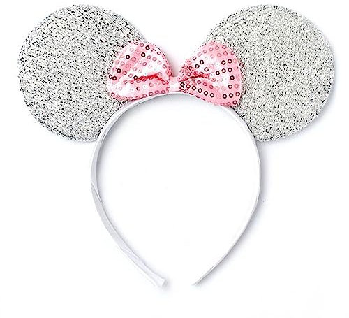 HD Novelty Cartoon Mouse Ears on Headband with Red Satin Bow and White Polka Dots - Perfect Costume Accessory for Fancy Dress, Parties, and Gifts (White Sparkle)