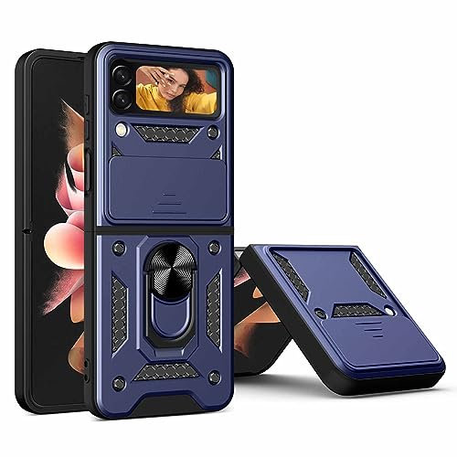WBWONE Cover per Samsung Galaxy Z Flip 4 (Z Flip4) 5G, TPU/PC Antiurto Protettiva Custodia con 360° Girevole Anello e Copertura Della Fotocamera Scorrevole, Blu