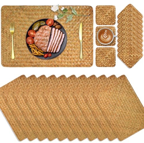 Maxcheck 12 Stück 43,2 x 30,5 cm rechteckige gewebte Tischsets mit 12 Stück 14 x 14 cm gewebten Untersetzern aus natürlichem Seegras, Rattan, Tischmatten und Untersetzer für Hochzeit, Geburtstag,