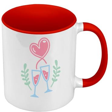 Mug de Couleur Qualité Premium Rouge - Coupe de Champagne Couple Amour Coeur Saint Valentin - Tasse avec anse et intérieur de couleur