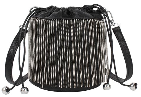 MEGAUK Mini Niet Handtasche Kette Fransen Umhängetasche Cross Body Taschen Elegante Kettentasche Punk Clutch Bag Abendtasche mit Kette Riemen Metall Schultergurt (07924 Schwarz)