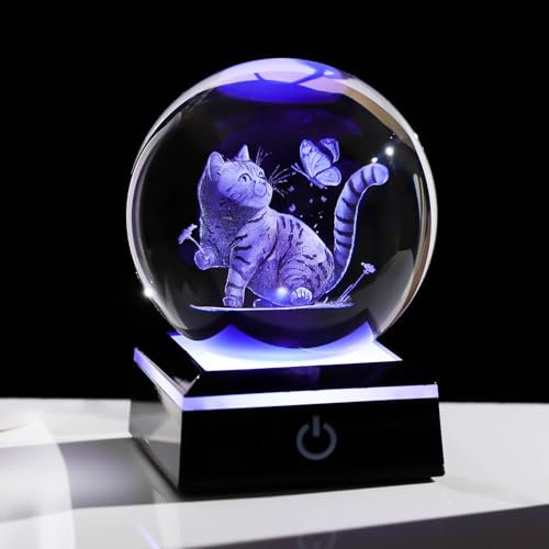Movdyka Crystal 3D Cat and Butterfly Ball Figurine Gifts for Women Glass Paperweight 3.15in Sphere Decorative Ornaments for Room with LED Lights Keepsakes for Cat Lover Home Decor