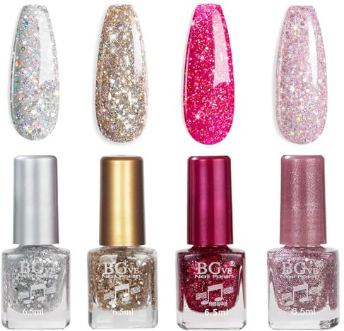 Nail Polish Set - Glitter Nail Varnish Sets - Quick Dry & Long Lasting Silver Gold Nail Polish - Long Lasting French Manicure Nail Polish - Nail Starter Kit 2024 Spring Serise Gift - No Need Cure