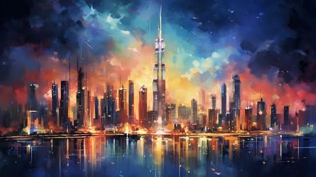 adrium Acryl-Bild 140 x 80 cm: Nachtansicht der Skyline von Shanghai mit Wolkenkratzern. Digitale Zeichnung. (212493754)