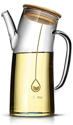 Olive Oil Dispenser, Creative Glass Oil Container for Cooking, No drip Vegetable Oil Pour Bottles with spout for Kitchen, Decorative Oil Pourer Jars Decanter with Bamboo Cover (750ML)