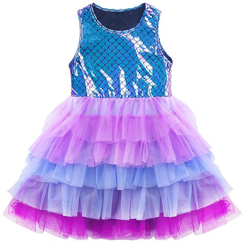 FILOWA Abito per Bambina Ragazze Elegante Senza Manica Vestito Viola Lilla Paillettes Tutu Tulle Sirena Principessa Costume Sirenetta Gonna Carnevale Festa Estate Compleanno Regazza Bimbo 6-7 Anni