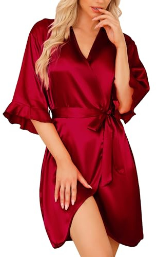 Lovasy Silk Dressing Gown for Women UK Short Ruffle Satin Robe Bride Bridesmaid Robe Soft Silk Robe Satin Dressing Gown Summer Kimono Dressing Gowns V-Neck Satin Silky Bathrobe,Wine Red,S