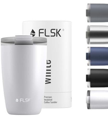 FLSK Kaffeebecher – Premium coffee to go-Becher aus Edelstahl – 100 % auslaufsicher, BPA-frei & doppelwandig – hält 3 h heiß (white, 350 ml)