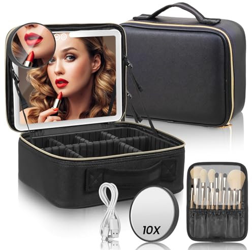 Make-up-Tasche mit LED-Spiegel, 3 Farbmodi, Reise-Make-up-Tasche, Kosmetik-Organizer mit Fächern und 10-facher Vergrößerung, große Make-up-Organizer-Tasche für Damen, Geschenk, Schwarz, Einfach