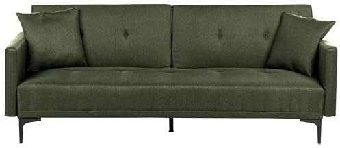 Beliani 3-Sitzer Schlafsofa Stoff grün gesteppt mit Metallbeinen schwarz 2 Kissen Lucan