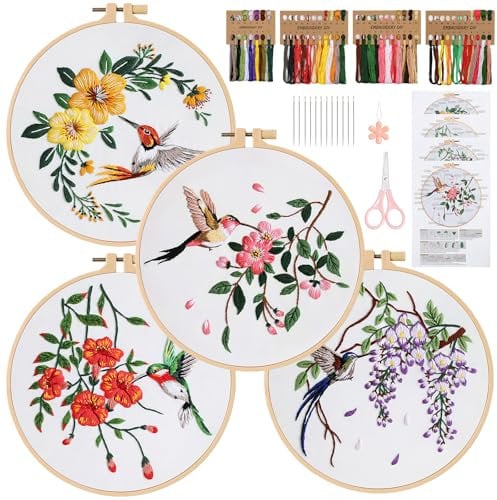 Dremisland 4 Stück Stickerei Set Stickerei Set Blumenmuster Pflanzen Kreuzstich-Kit Starter Tools Kit mit 4 Stück Kunststoff Stickrahmen Kolibri Sticken Set Erwachsene Handstickerei-Kits