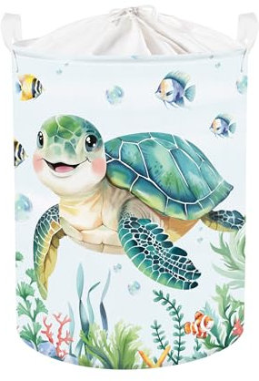 Clastyle 45L Groß Grün Meer Schildkröte Kinder Wäschekorb mit Deckel für Jungen Mädchen Kleidung Spielzeug Aufbewahrungskorb für Babyzimmer