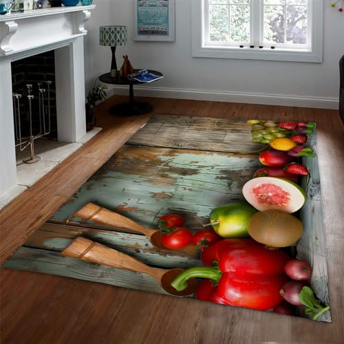 BYLEEHOMED Obst Gemüse Teppiche Holztextur Löffel Bereich Teppich für Küche Essen Thema Schlafzimmer Wohnkultur Maschinenwaschbar Rutschfester Innenteppich 80x150cm