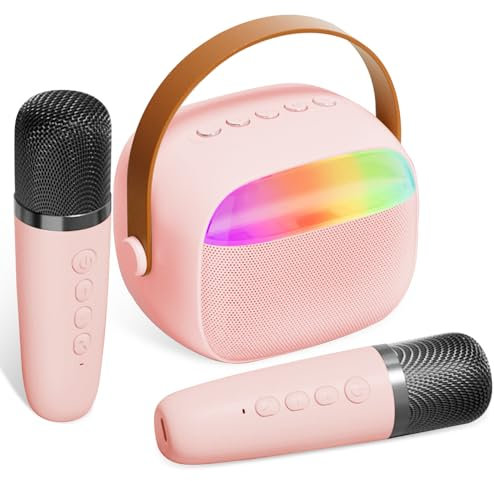 Machine à karaoké pour enfants et adultes – Haut-parleur Bluetooth portable avec 2 microphones sans fil, effets de changement de voix et lumières LED pour enfants de 3 à 30 ans (rose)