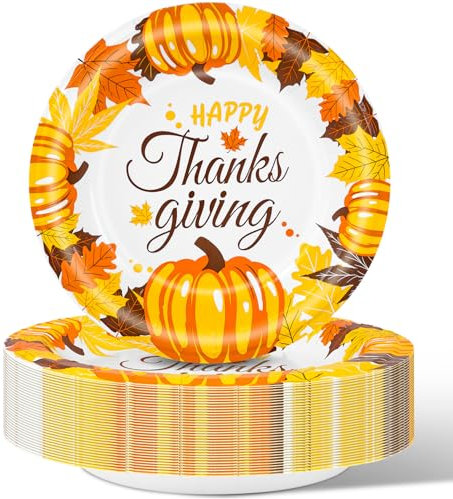 Charmount Thanksgiving Paper Plates 8.5 Inch, Fall Theme Autumn Leaves Pumpkin Holiday Party Supplies，Heavy Duty Disposable Paper Plates Bulk 50 PC